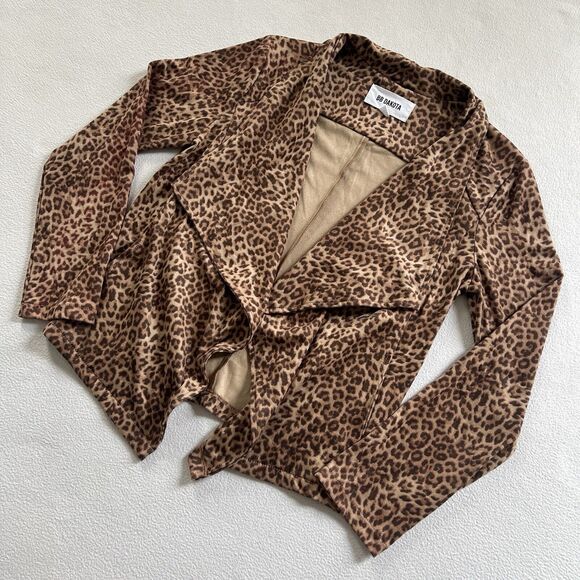 BB Dakota Women Faux Suede Brown Leopard Animal Print Open Drape Front Jacket S - Picture 2 of 11